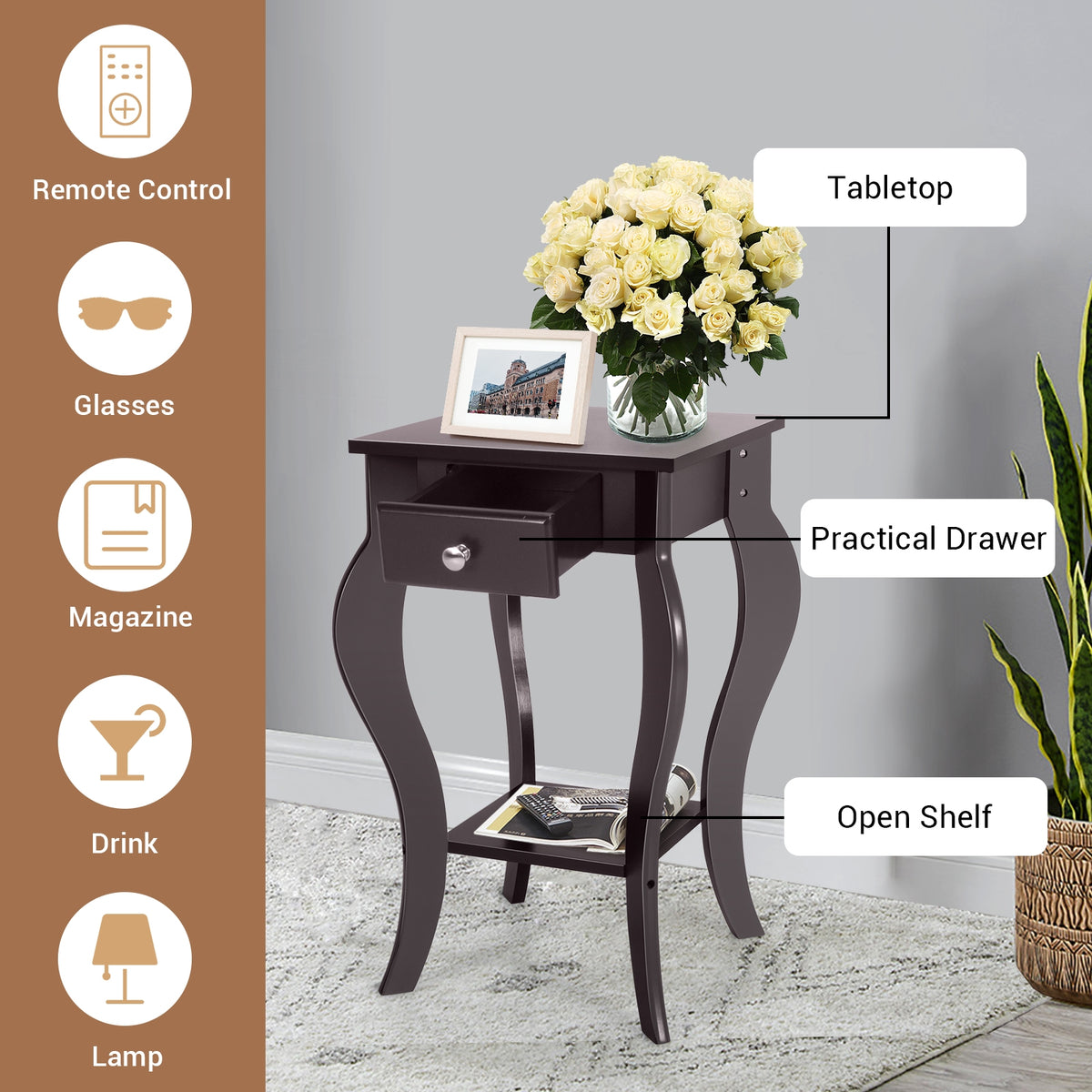 2-Tier End Table with Drawer and Shelf for Living Room Bedroom-Brown-End & Side Tables-DECOROLALA