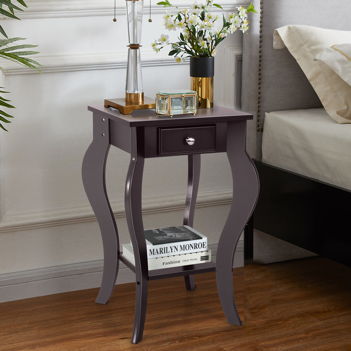 2-Tier End Table with Drawer and Shelf for Living Room Bedroom-Brown-End & Side Tables-DECOROLALA