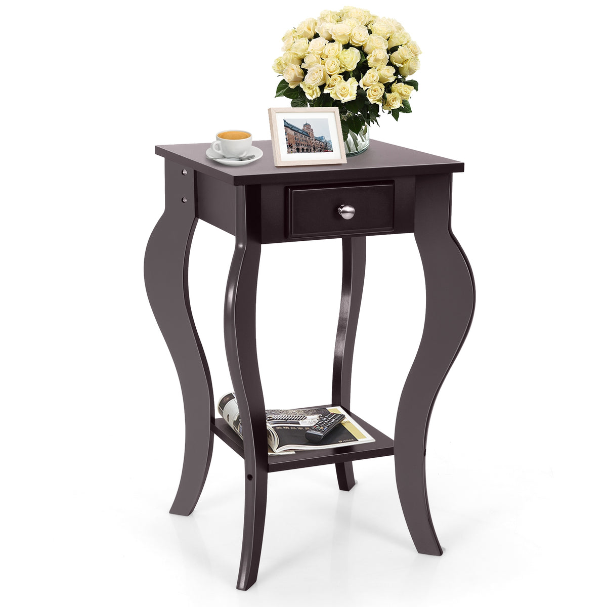 2-Tier End Table with Drawer and Shelf for Living Room Bedroom-Brown-End & Side Tables-DECOROLALA