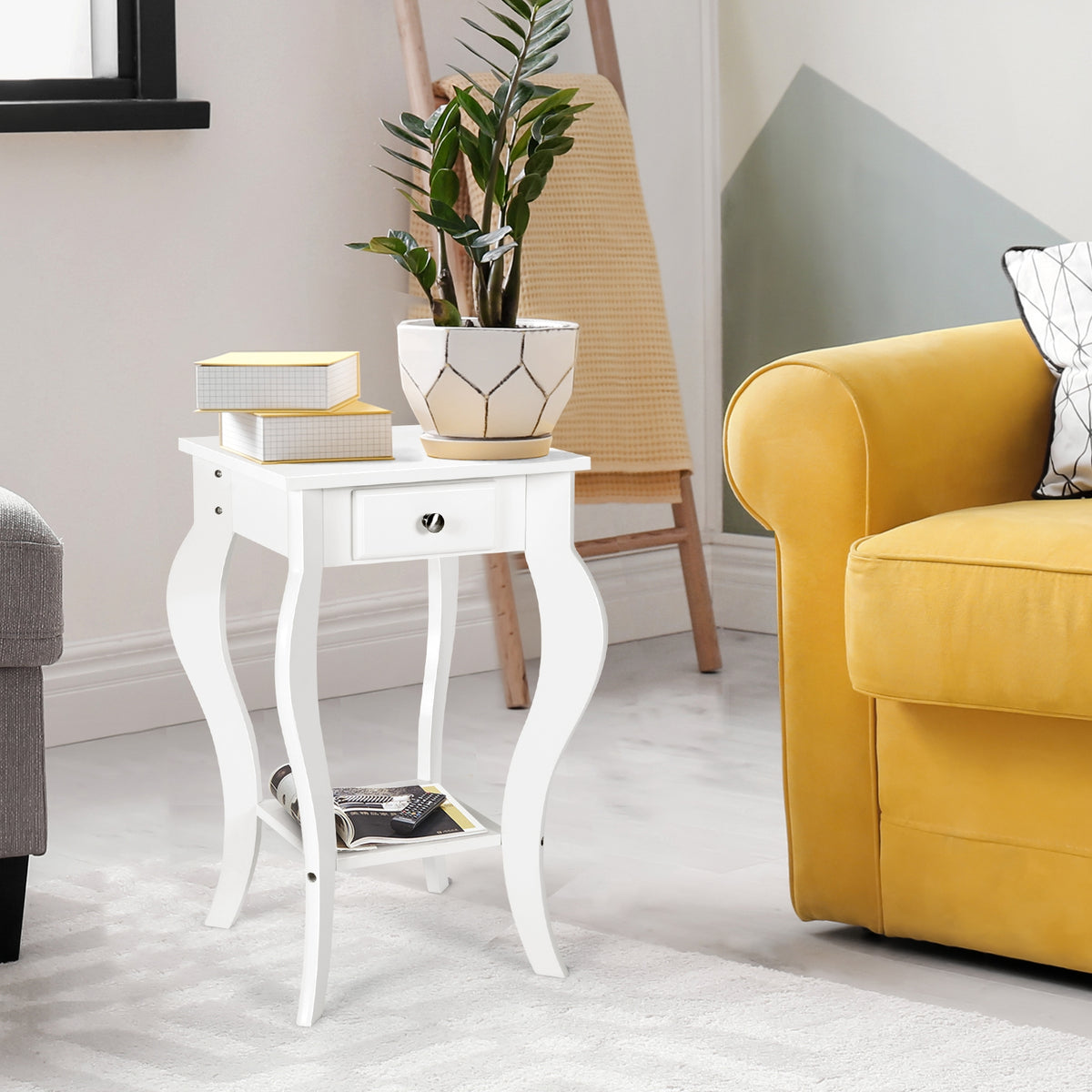 2-Tier End Table with Drawer and Shelf for Living Room Bedroom-White-End & Side Tables-DECOROLALA