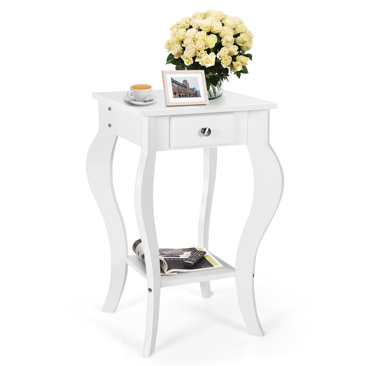 2-Tier End Table with Drawer and Shelf for Living Room Bedroom-White-End & Side Tables-DECOROLALA