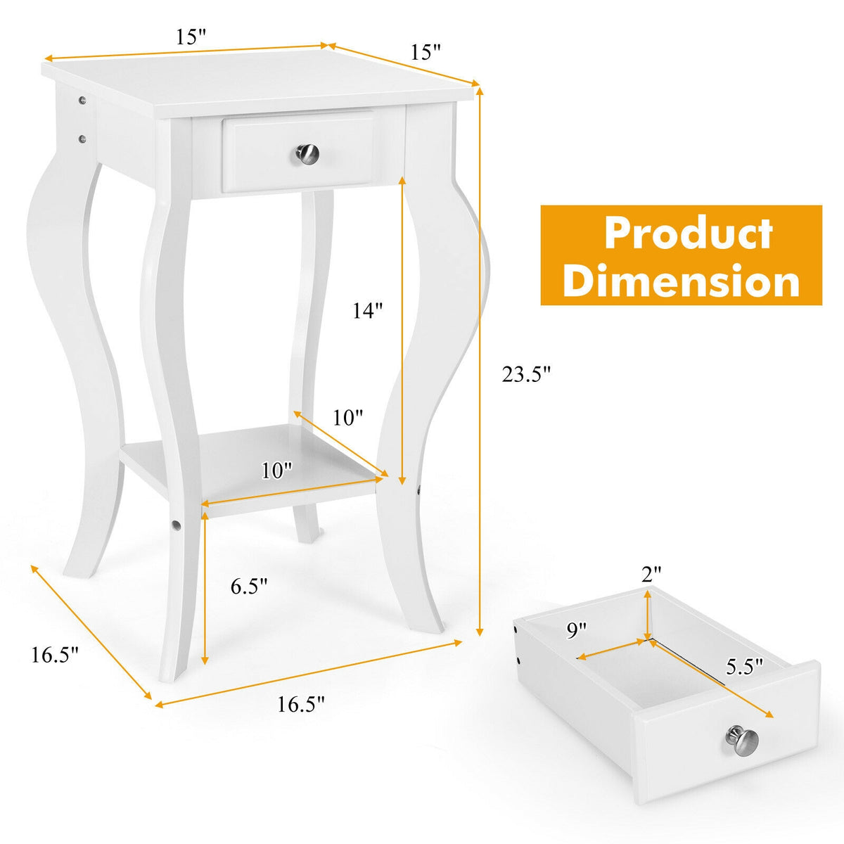 2-Tier End Table with Drawer and Shelf for Living Room Bedroom-White-End & Side Tables-DECOROLALA