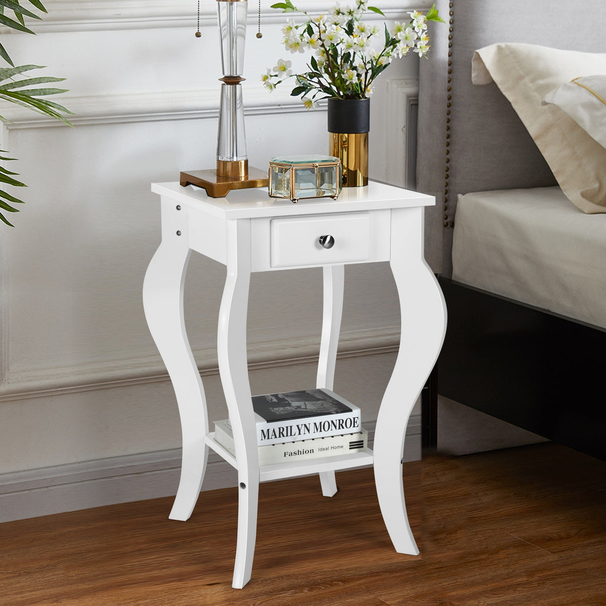 2-Tier End Table with Drawer and Shelf for Living Room Bedroom-White-End & Side Tables-DECOROLALA