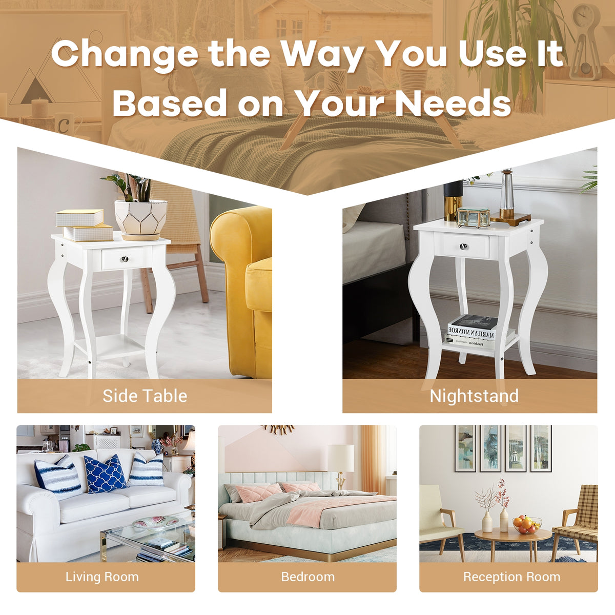 2-Tier End Table with Drawer and Shelf for Living Room Bedroom-White-End & Side Tables-DECOROLALA