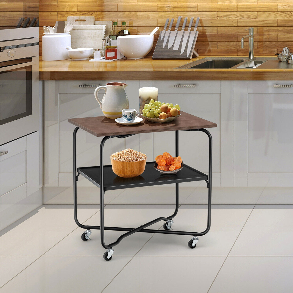 2-Tier End Table with Metal Storage Shelf and Foldable Frame-Brown-End & Side Tables-DECOROLALA