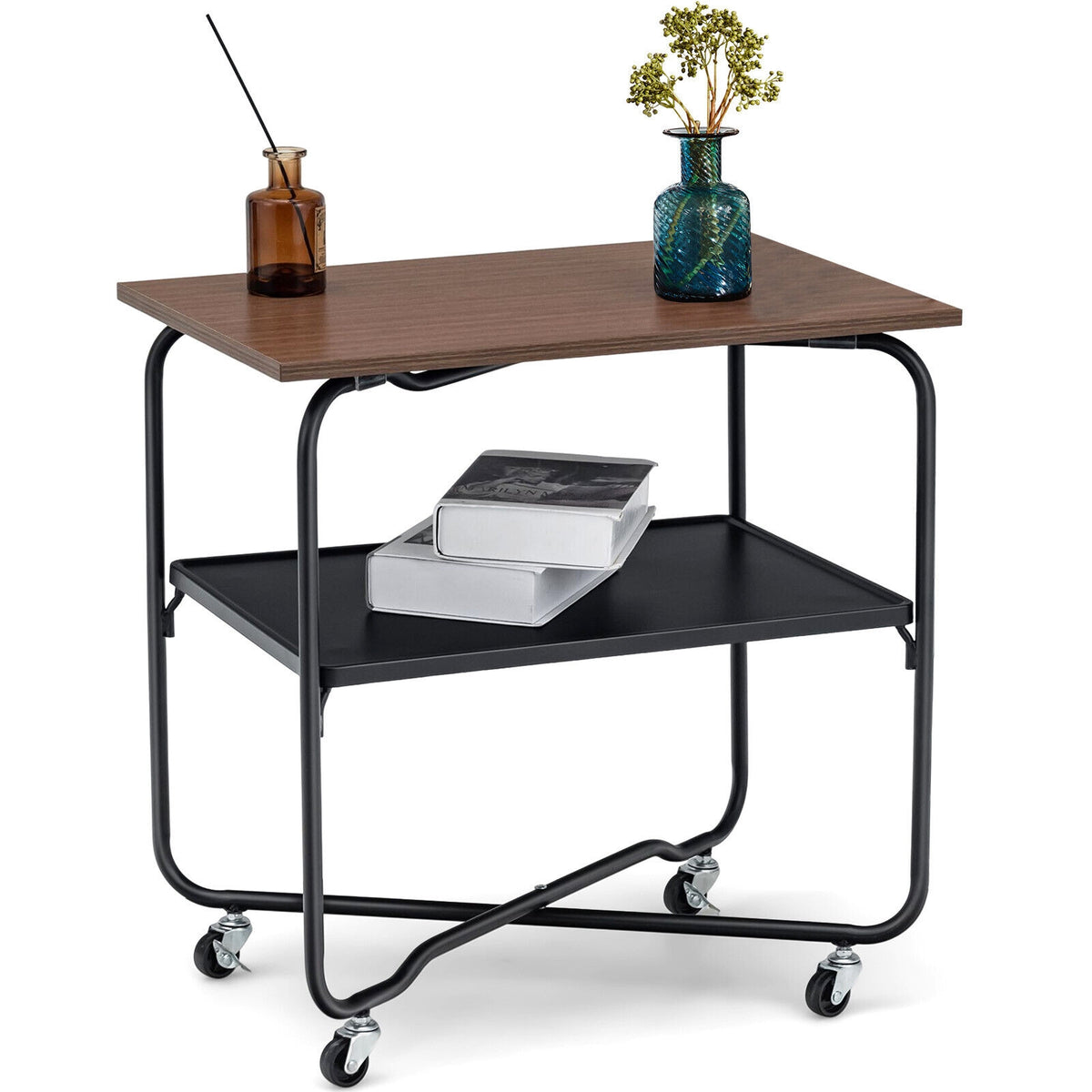 2-Tier End Table with Metal Storage Shelf and Foldable Frame-Brown-End & Side Tables-DECOROLALA