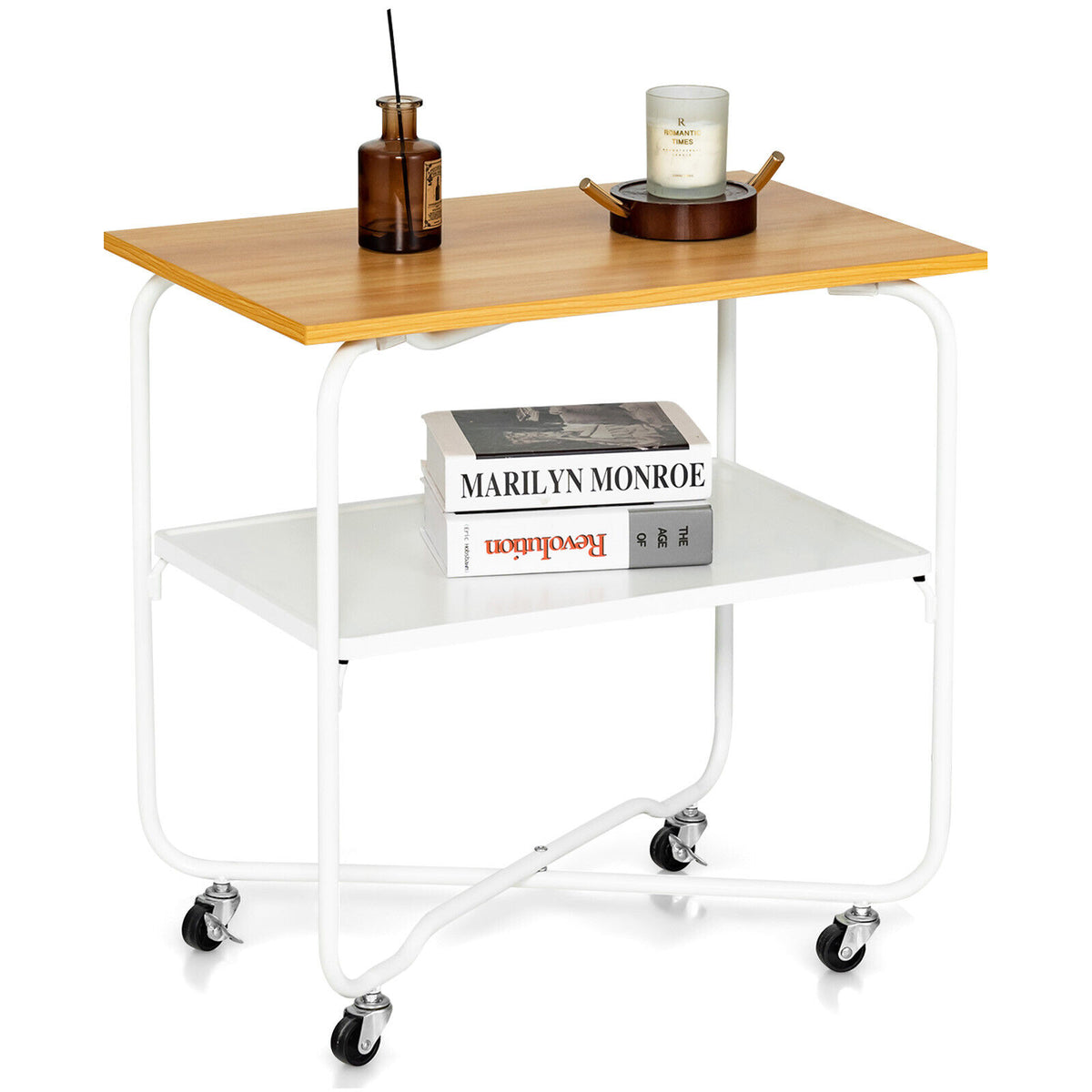 2-Tier End Table with Metal Storage Shelf and Foldable Frame-Natural-End & Side Tables-DECOROLALA