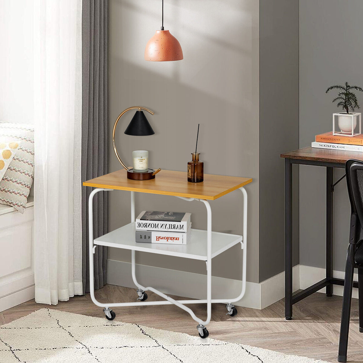 2-Tier End Table with Metal Storage Shelf and Foldable Frame-Natural-End & Side Tables-DECOROLALA