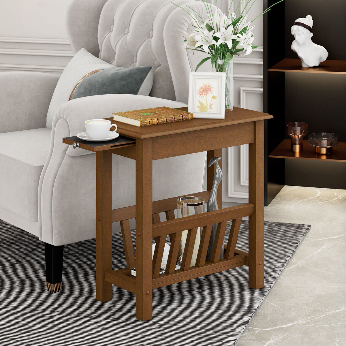 2-Tier End Table with Pull-out Tray and Solid Rubber Wood Legs-Natural-End & Side Tables-DECOROLALA