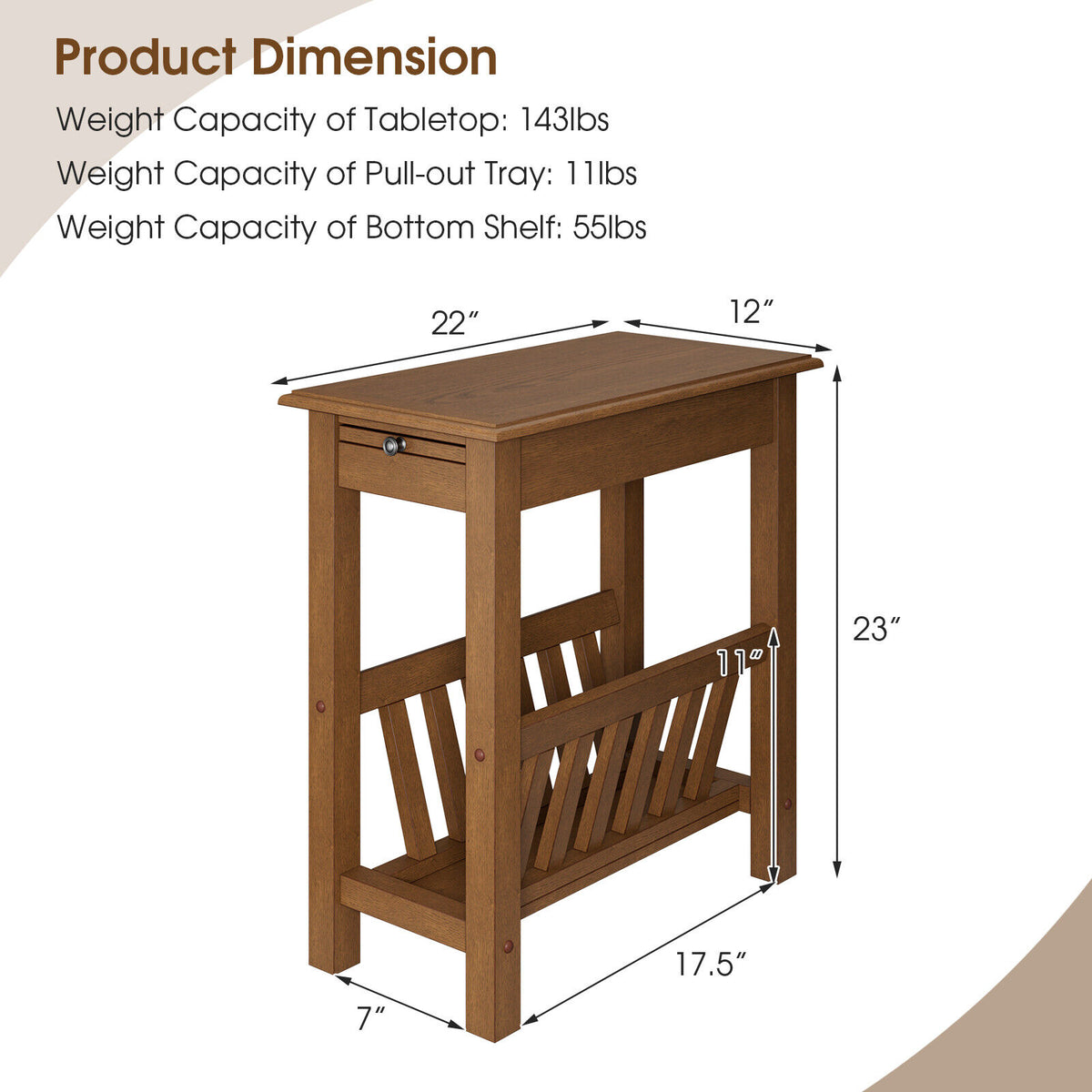 2-Tier End Table with Pull-out Tray and Solid Rubber Wood Legs-Natural-End & Side Tables-DECOROLALA