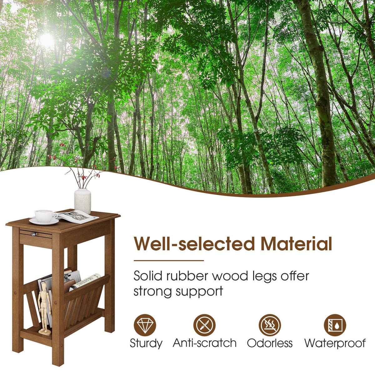 2-Tier End Table with Pull-out Tray and Solid Rubber Wood Legs-Natural-End & Side Tables-DECOROLALA