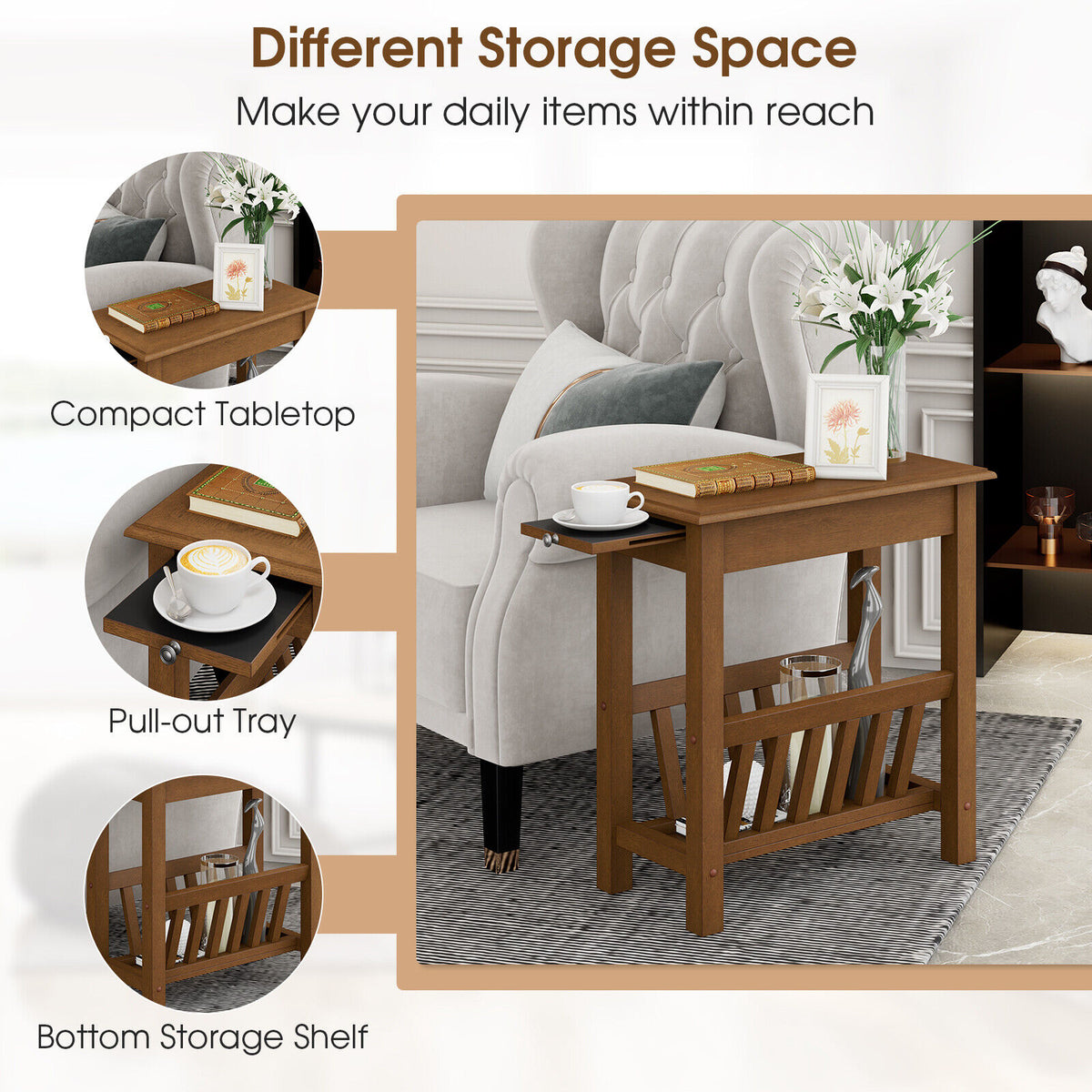 2-Tier End Table with Pull-out Tray and Solid Rubber Wood Legs-Natural-End & Side Tables-DECOROLALA