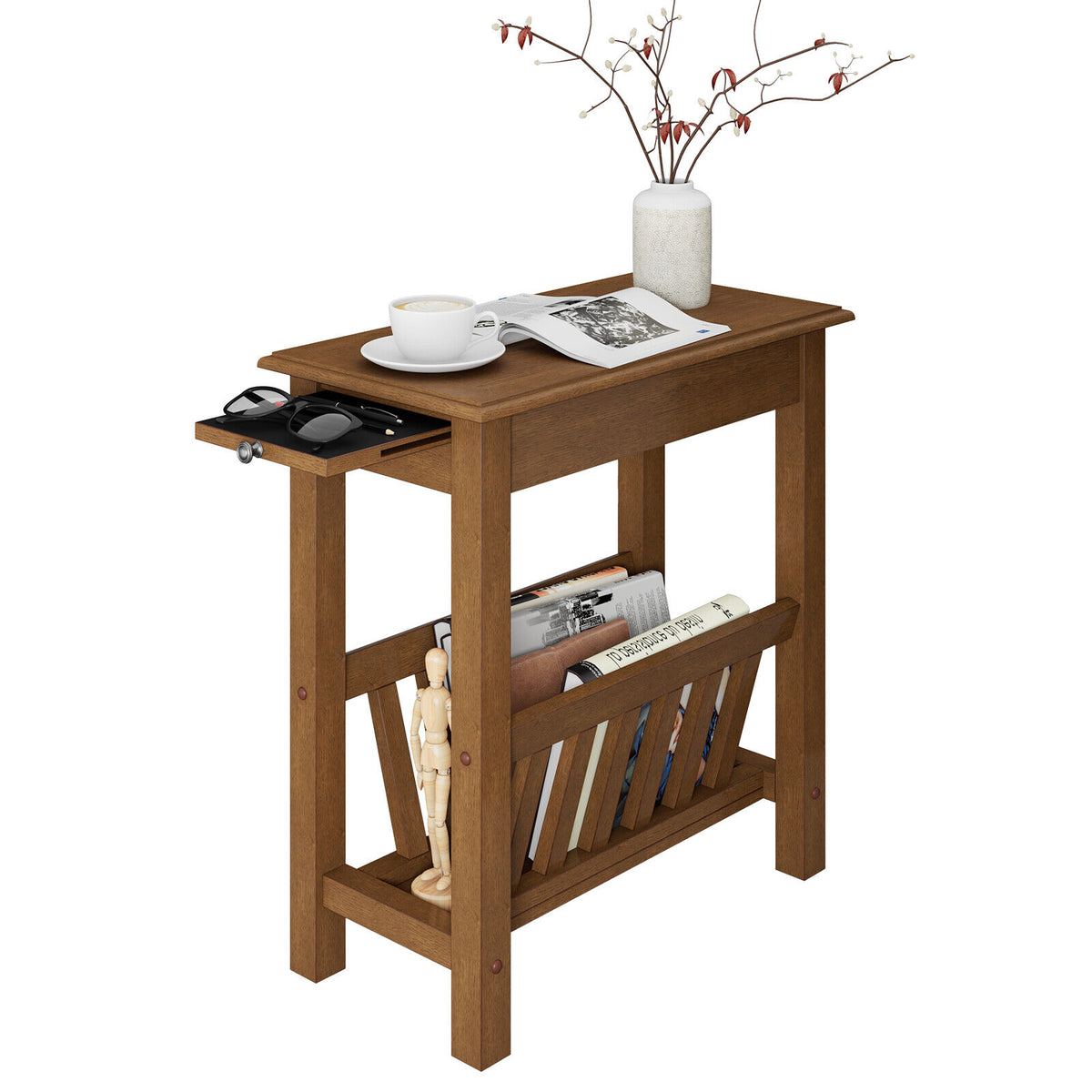 2-Tier End Table with Pull-out Tray and Solid Rubber Wood Legs-Natural-End & Side Tables-DECOROLALA