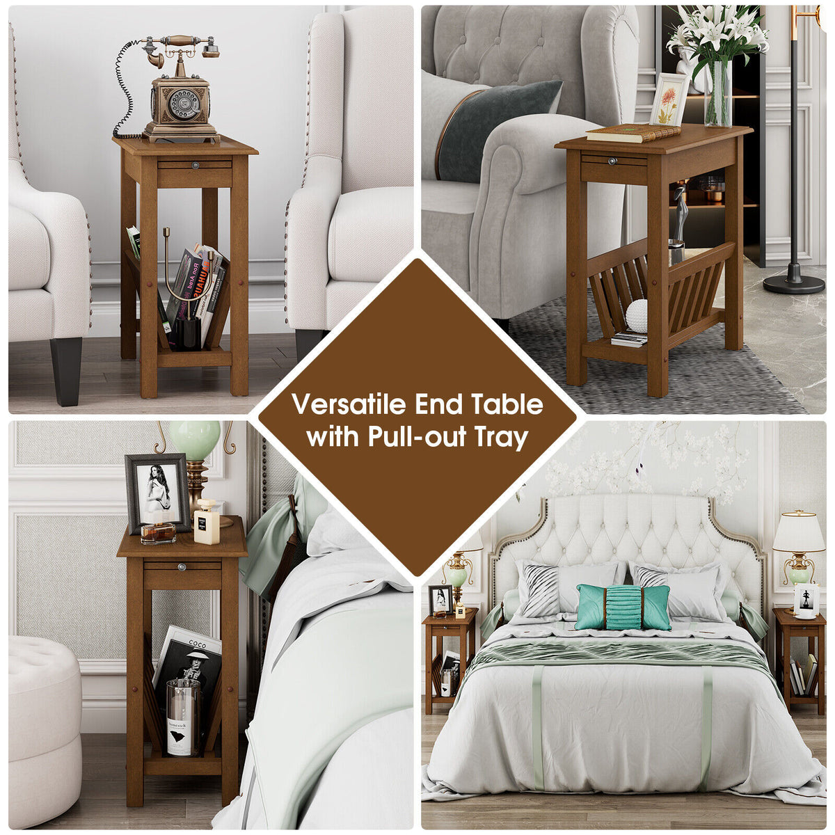 2-Tier End Table with Pull-out Tray and Solid Rubber Wood Legs-Natural-End & Side Tables-DECOROLALA
