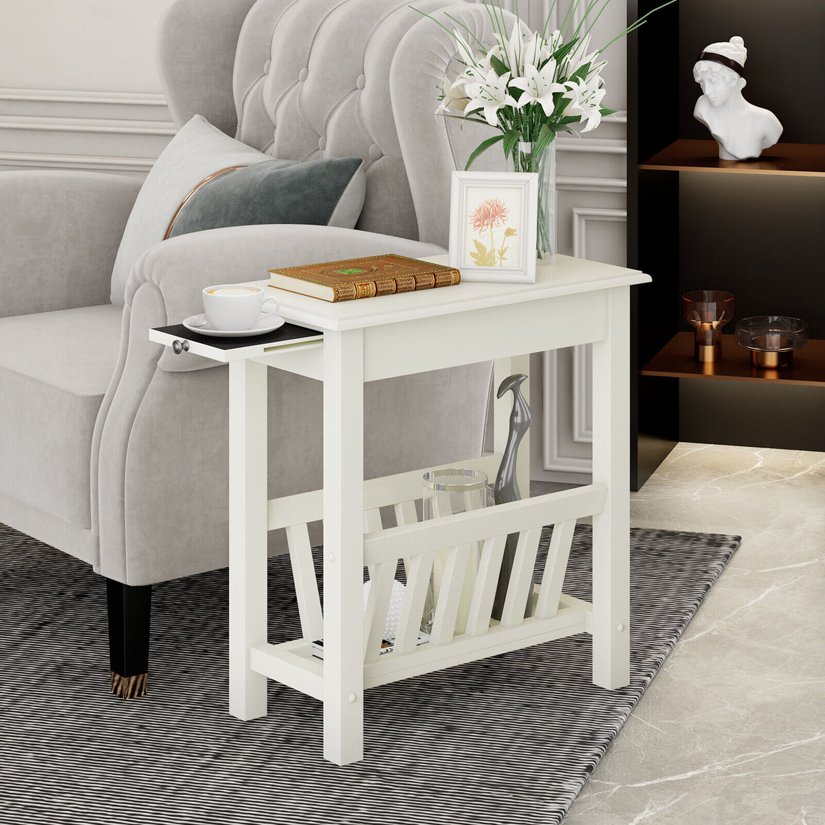 2-Tier End Table with Pull-out Tray and Solid Rubber Wood Legs-White-End & Side Tables-DECOROLALA