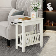 2-Tier End Table with Pull-out Tray and Solid Rubber Wood Legs-White-End & Side Tables-DECOROLALA