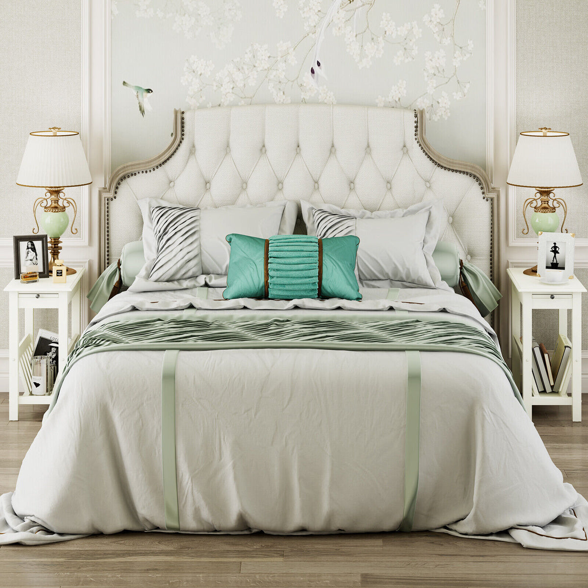 2-Tier End Table with Pull-out Tray and Solid Rubber Wood Legs-White-End & Side Tables-DECOROLALA