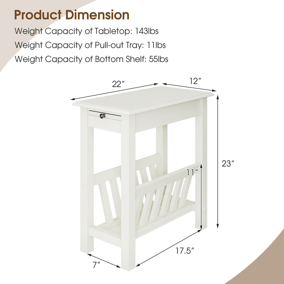 2-Tier End Table with Pull-out Tray and Solid Rubber Wood Legs-White-End & Side Tables-DECOROLALA