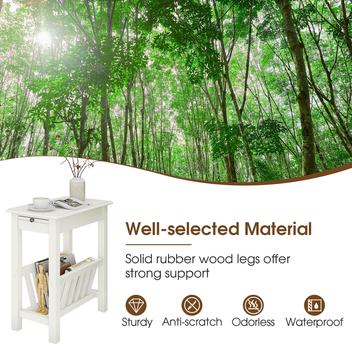 2-Tier End Table with Pull-out Tray and Solid Rubber Wood Legs-White-End & Side Tables-DECOROLALA
