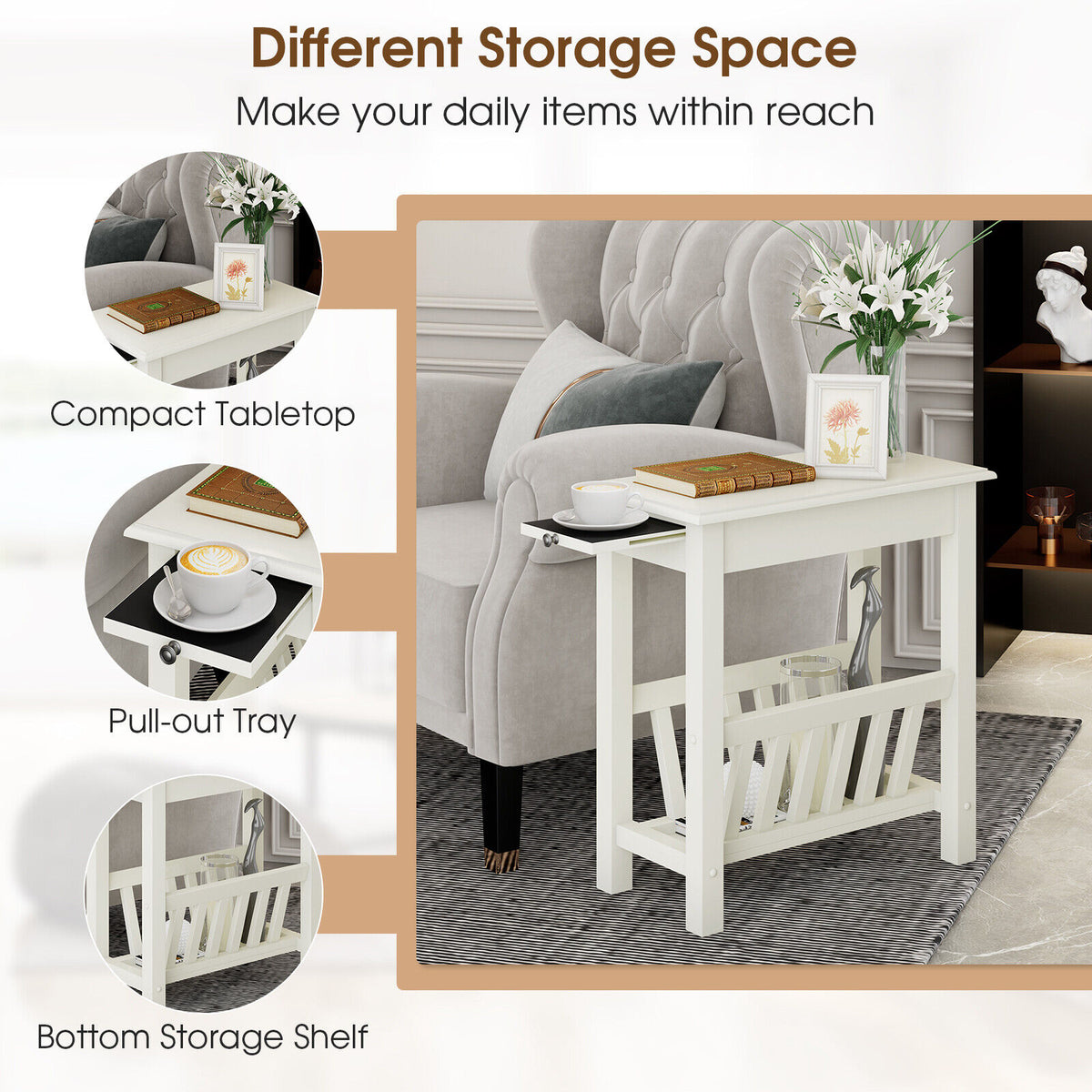 2-Tier End Table with Pull-out Tray and Solid Rubber Wood Legs-White-End & Side Tables-DECOROLALA