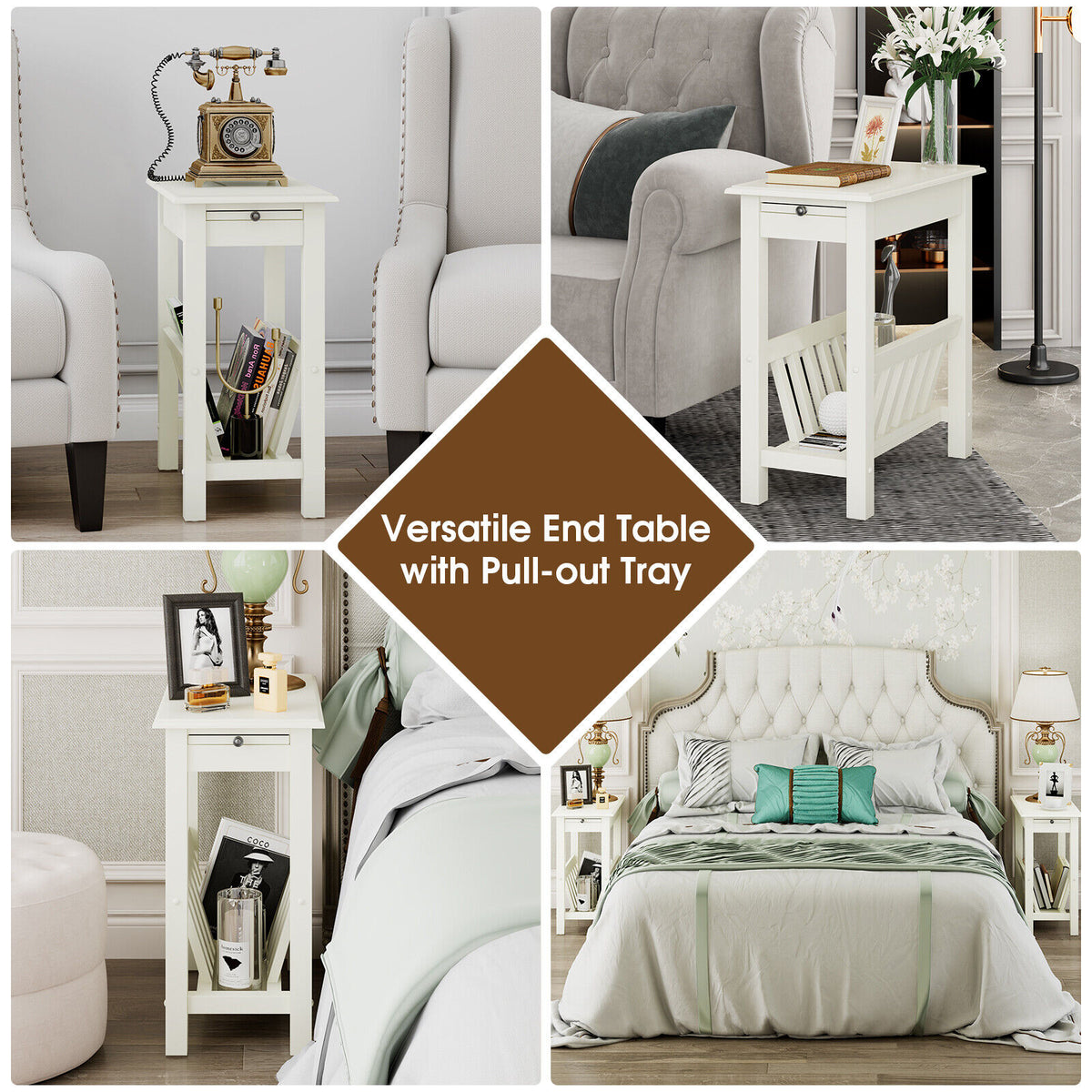 2-Tier End Table with Pull-out Tray and Solid Rubber Wood Legs-White-End & Side Tables-DECOROLALA