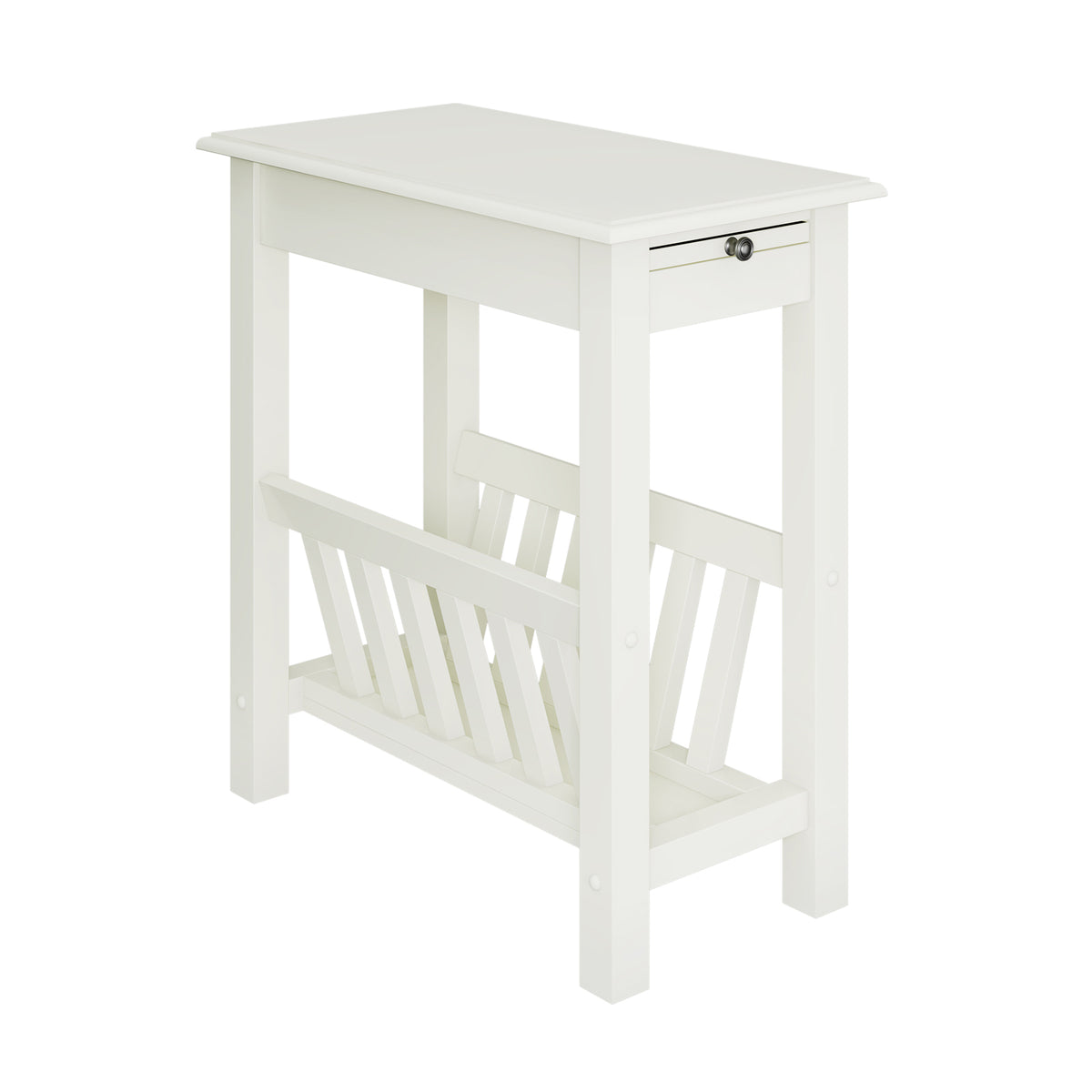 2-Tier End Table with Pull-out Tray and Solid Rubber Wood Legs-White-End & Side Tables-DECOROLALA