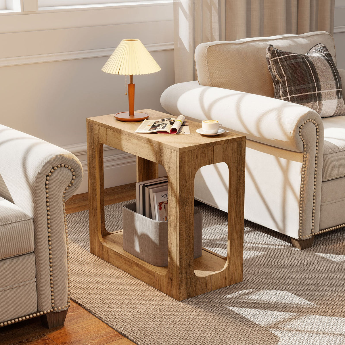 2-Tier End Table with Storage Shelf for Living Room-Oak-End & Side Tables-DECOROLALA