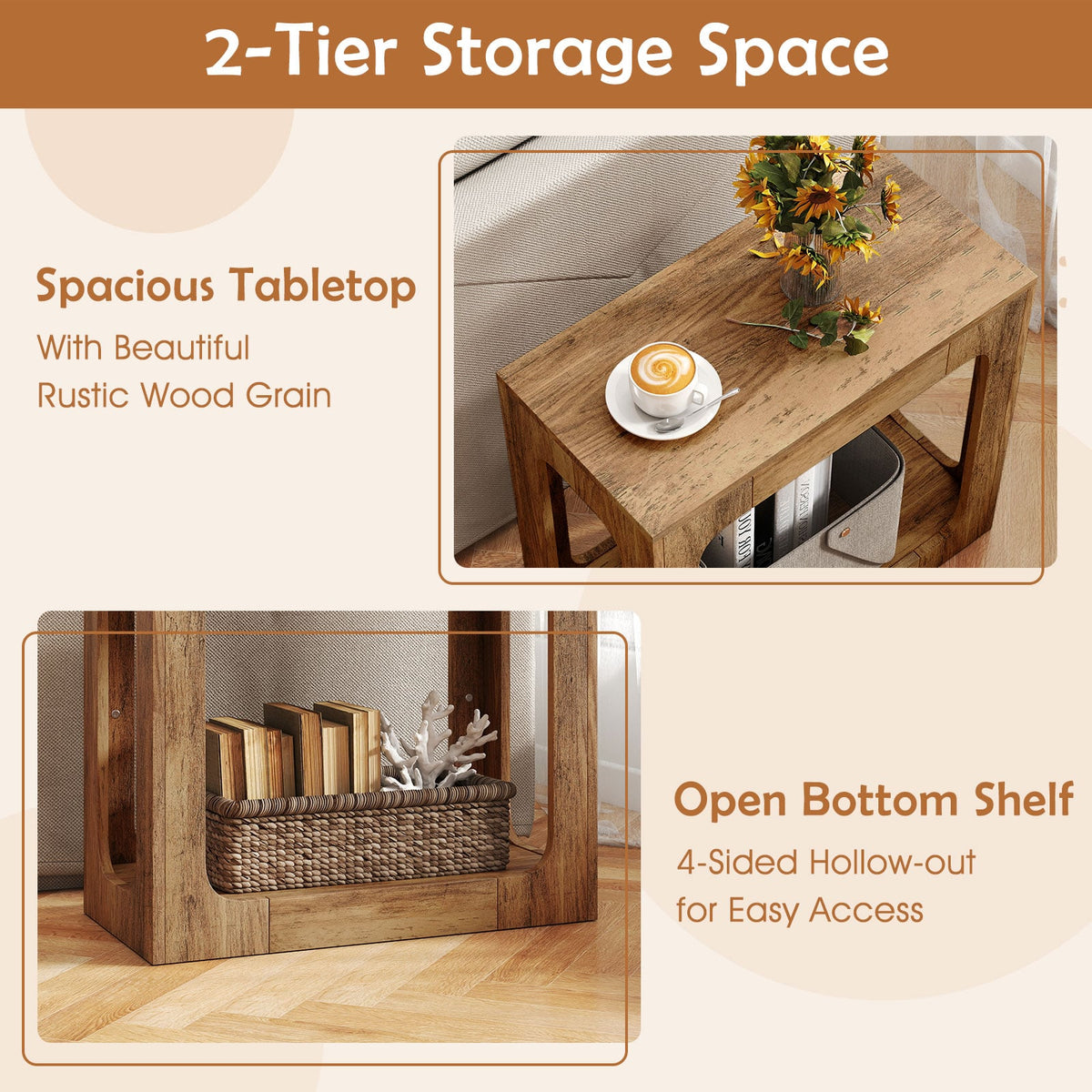2-Tier End Table with Storage Shelf for Living Room-Oak-End & Side Tables-DECOROLALA