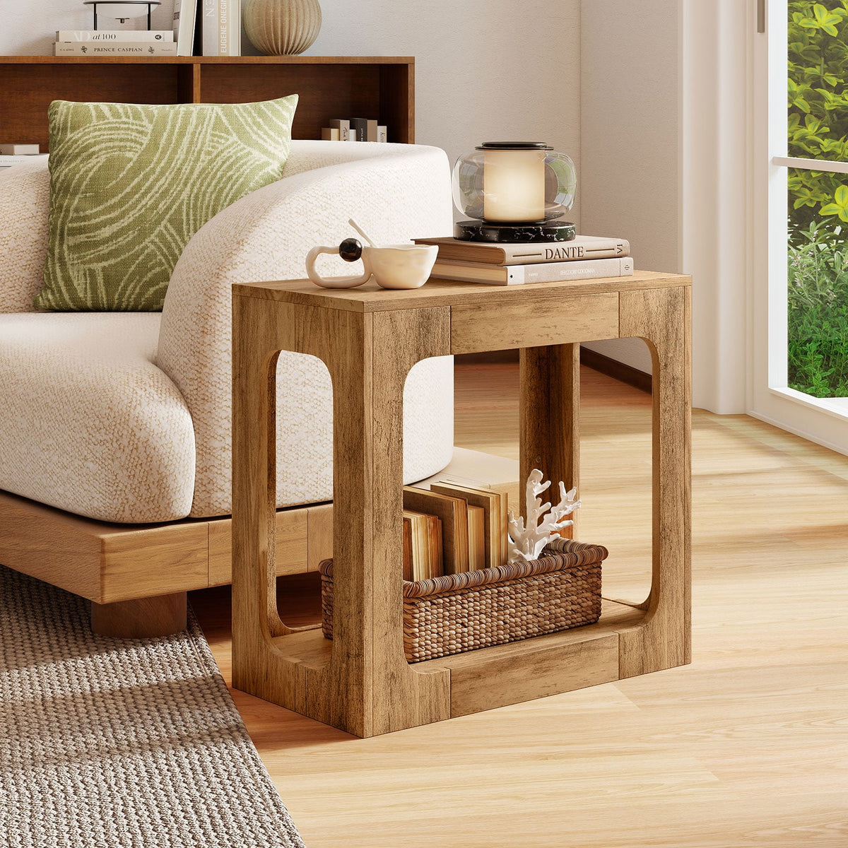 2-Tier End Table with Storage Shelf for Living Room-Oak-End & Side Tables-DECOROLALA