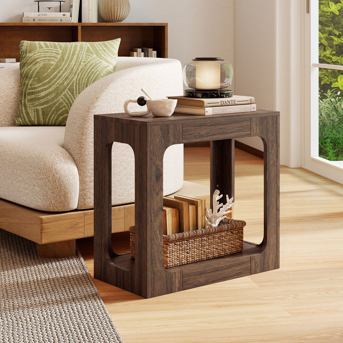 2-Tier End Table with Storage Shelf for Living Room-Walnut-End & Side Tables-DECOROLALA