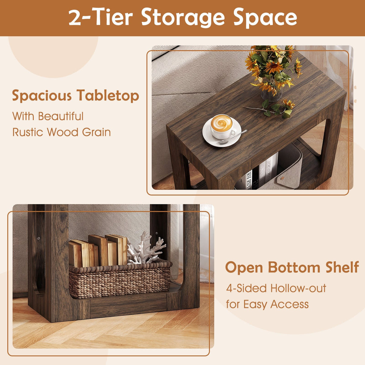 2-Tier End Table with Storage Shelf for Living Room-Walnut-End & Side Tables-DECOROLALA