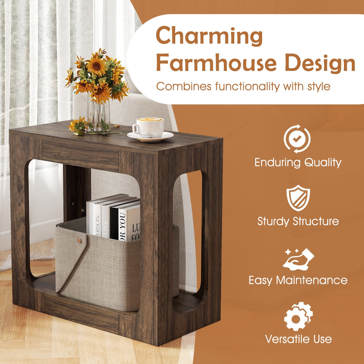 2-Tier End Table with Storage Shelf for Living Room-Walnut-End & Side Tables-DECOROLALA