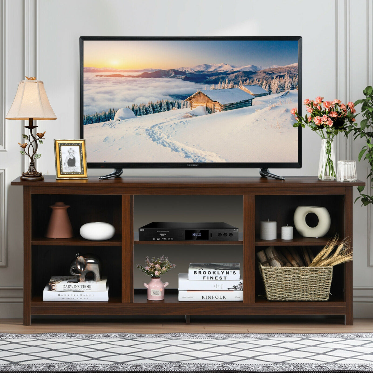 2-Tier Entertainment Media Console Center-Brown-Entertainment Centers & TV Stands-DECOROLALA