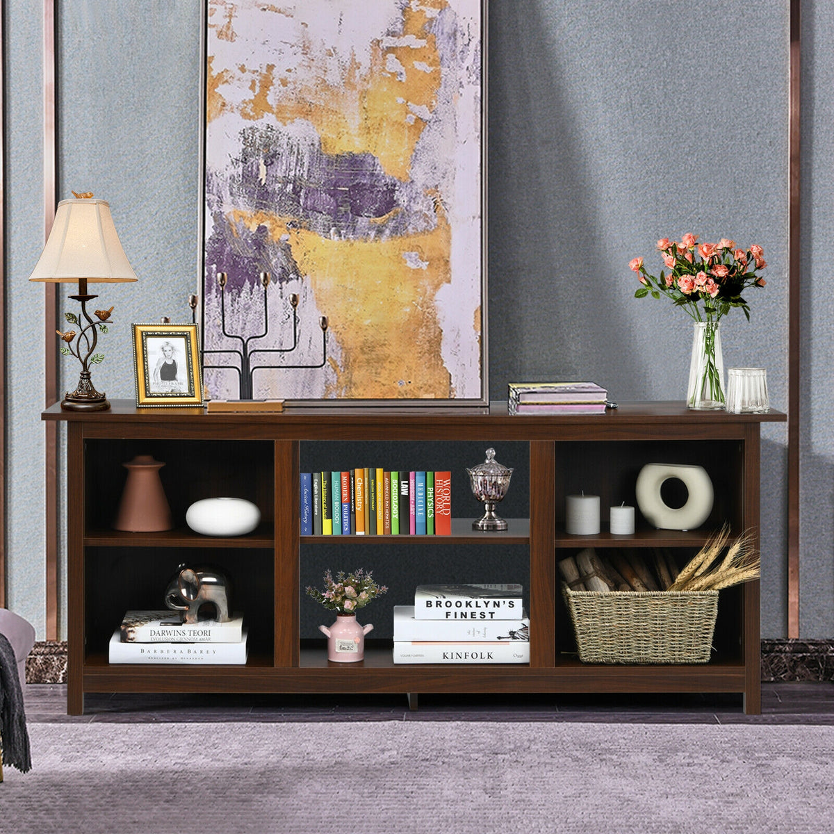 2-Tier Entertainment Media Console Center-Brown-Entertainment Centers & TV Stands-DECOROLALA