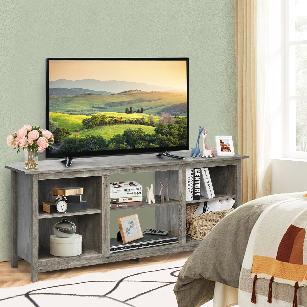 2-Tier Entertainment Media Console Center-Gray-Entertainment Centers & TV Stands-DECOROLALA
