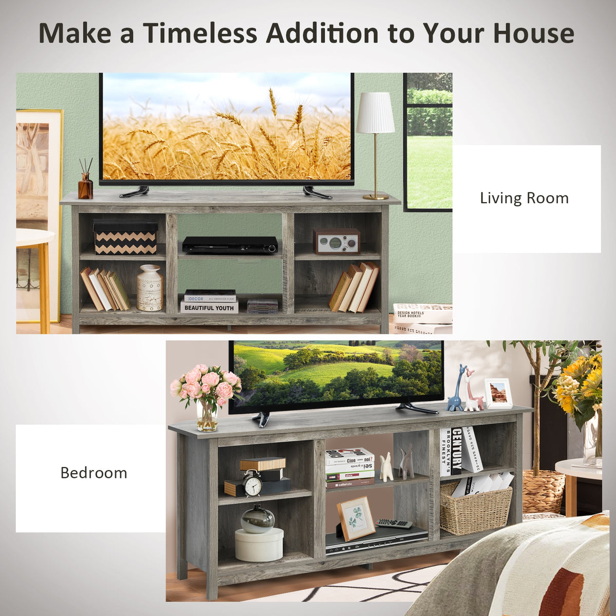 2-Tier Entertainment Media Console Center-Gray-Entertainment Centers & TV Stands-DECOROLALA