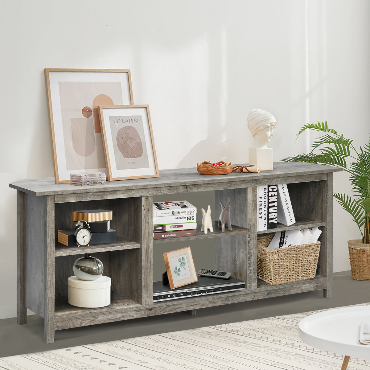 2-Tier Entertainment Media Console Center-Gray-Entertainment Centers & TV Stands-DECOROLALA