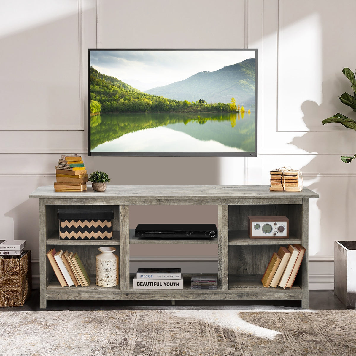 2-Tier Entertainment Media Console Center-Gray-Entertainment Centers & TV Stands-DECOROLALA