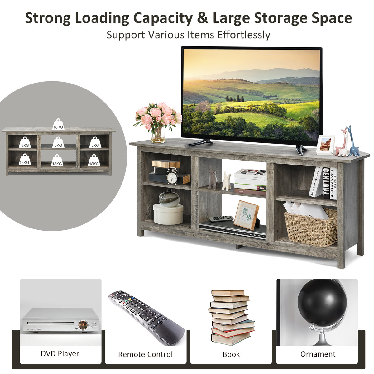 2-Tier Entertainment Media Console Center-Gray-Entertainment Centers & TV Stands-DECOROLALA