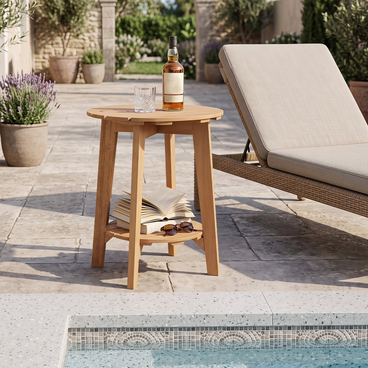 2-Tier Eucalyptus Wood Side Table with Slatted Tabletop and Storage Shelf for Outdoor-Natural-Patio Coffee Tables-DECOROLALA