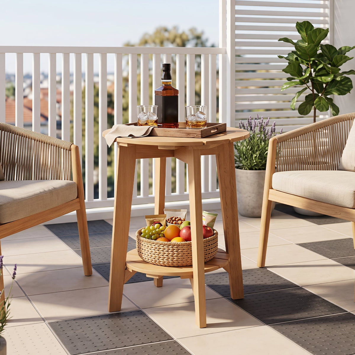2-Tier Eucalyptus Wood Side Table with Slatted Tabletop and Storage Shelf for Outdoor-Natural-Patio Coffee Tables-DECOROLALA