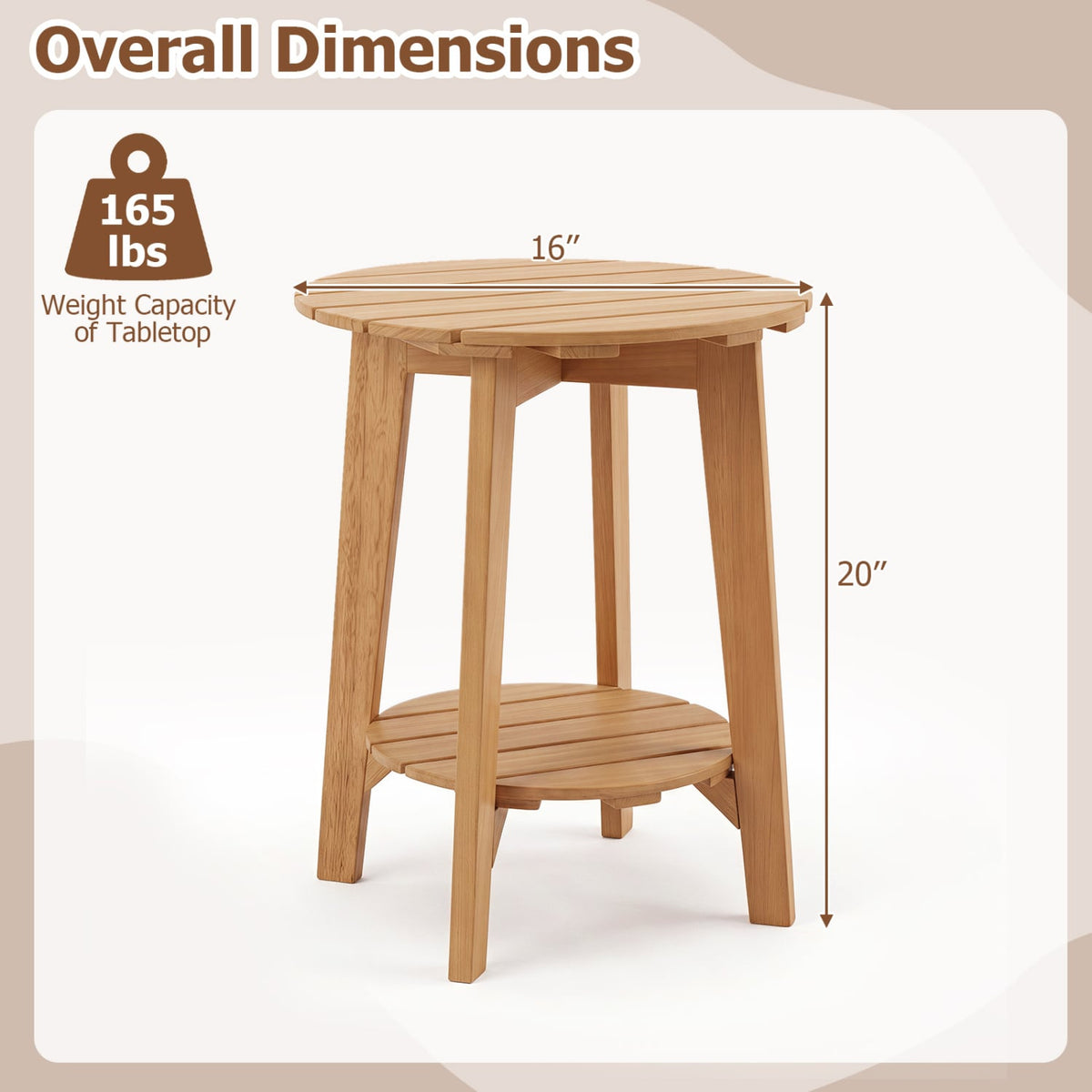 2-Tier Eucalyptus Wood Side Table with Slatted Tabletop and Storage Shelf for Outdoor-Natural-Patio Coffee Tables-DECOROLALA