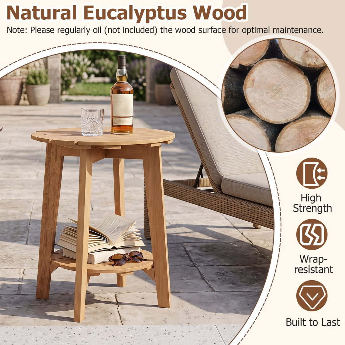 2-Tier Eucalyptus Wood Side Table with Slatted Tabletop and Storage Shelf for Outdoor-Natural-Patio Coffee Tables-DECOROLALA