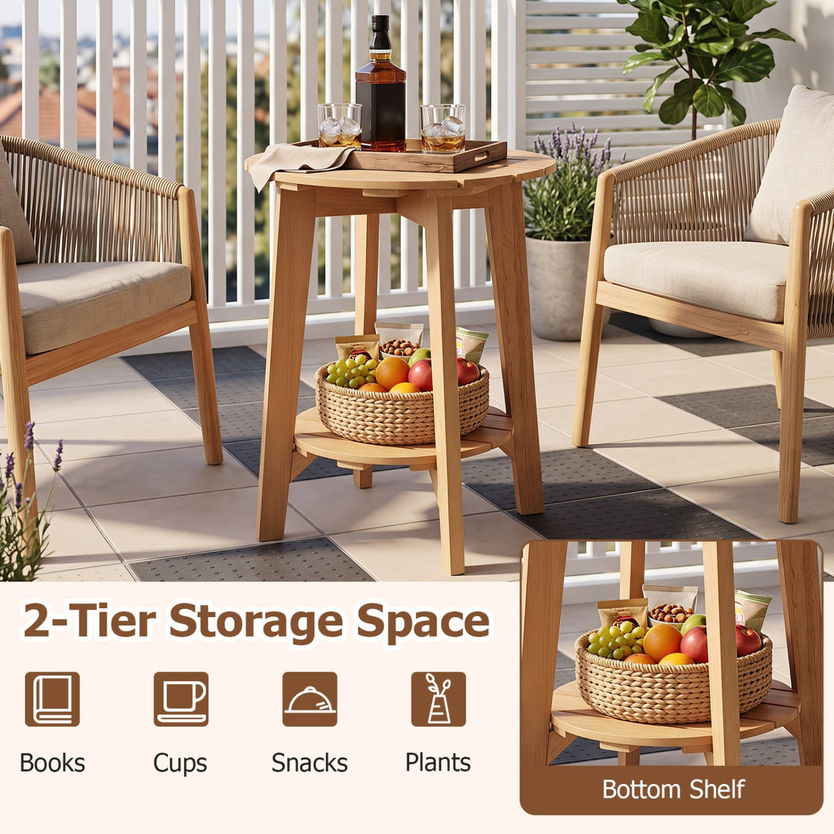 2-Tier Eucalyptus Wood Side Table with Slatted Tabletop and Storage Shelf for Outdoor-Natural-Patio Coffee Tables-DECOROLALA