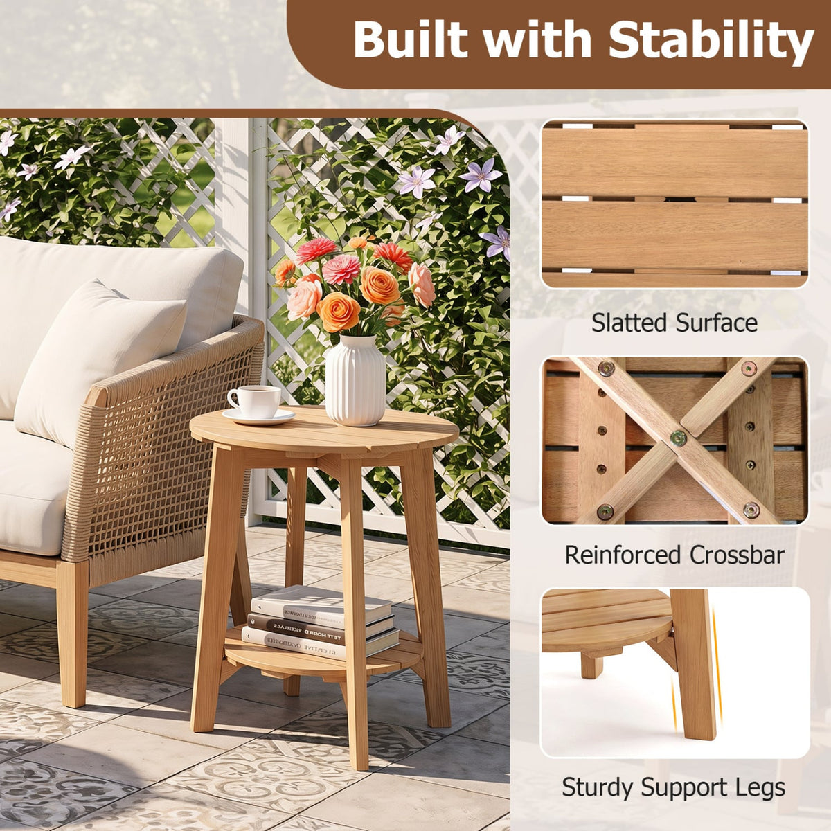 2-Tier Eucalyptus Wood Side Table with Slatted Tabletop and Storage Shelf for Outdoor-Natural-Patio Coffee Tables-DECOROLALA