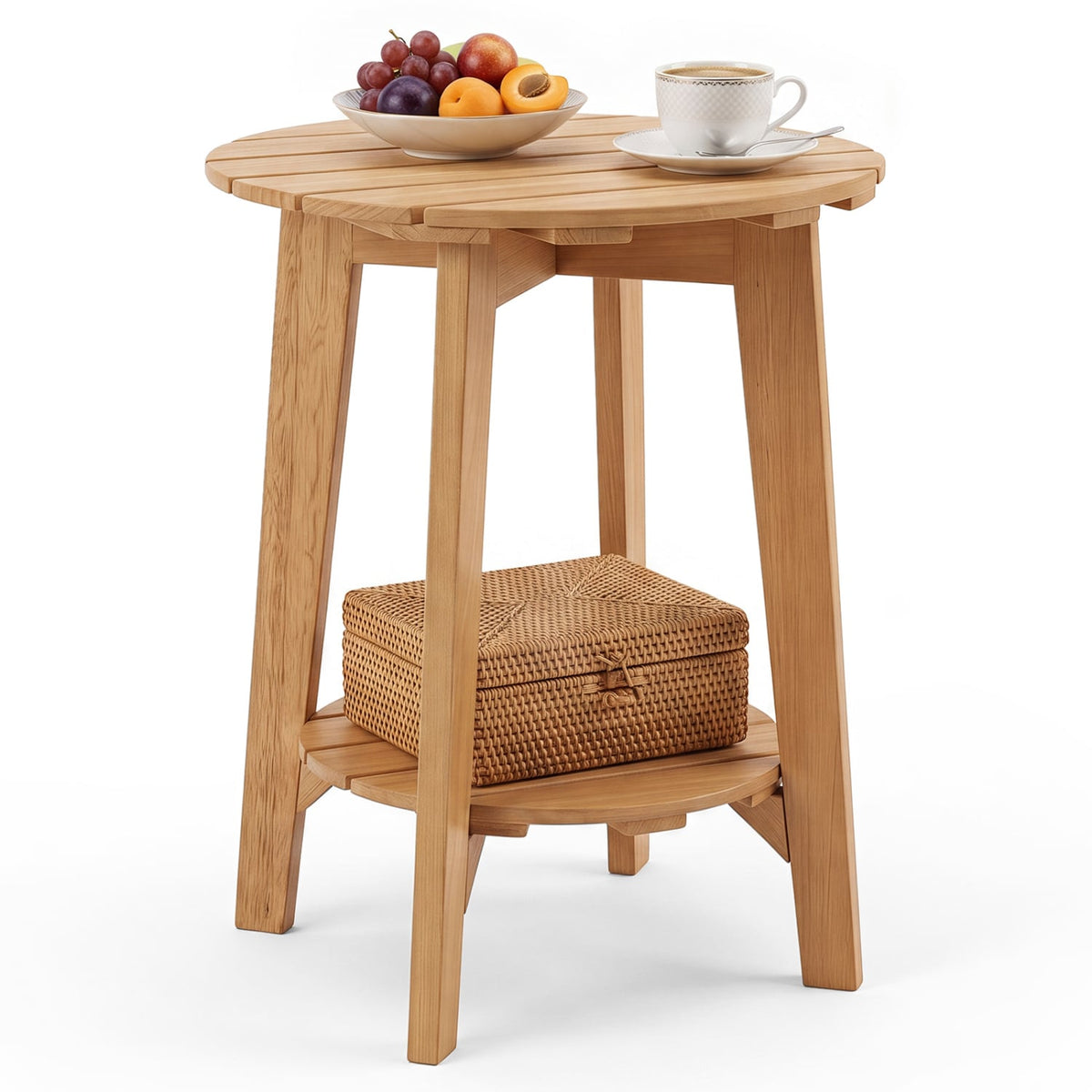 2-Tier Eucalyptus Wood Side Table with Slatted Tabletop and Storage Shelf for Outdoor-Natural-Patio Coffee Tables-DECOROLALA