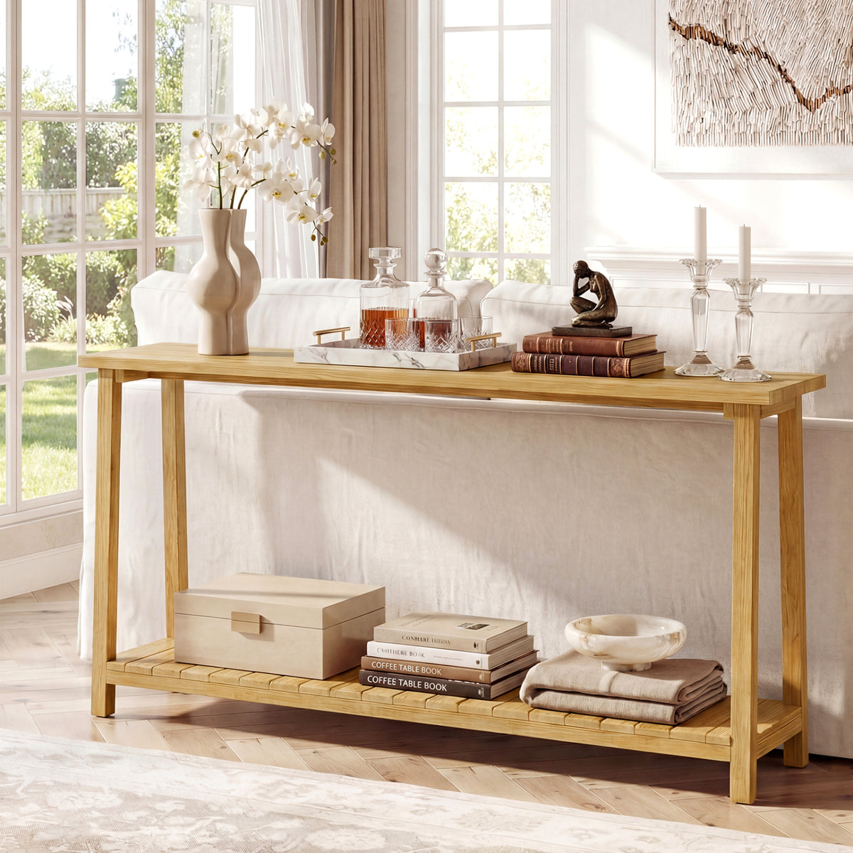 2-Tier Farmhouse Sofa Table with Teak Wood Frame and Storage Shelf-Console Tables-DECOROLALA