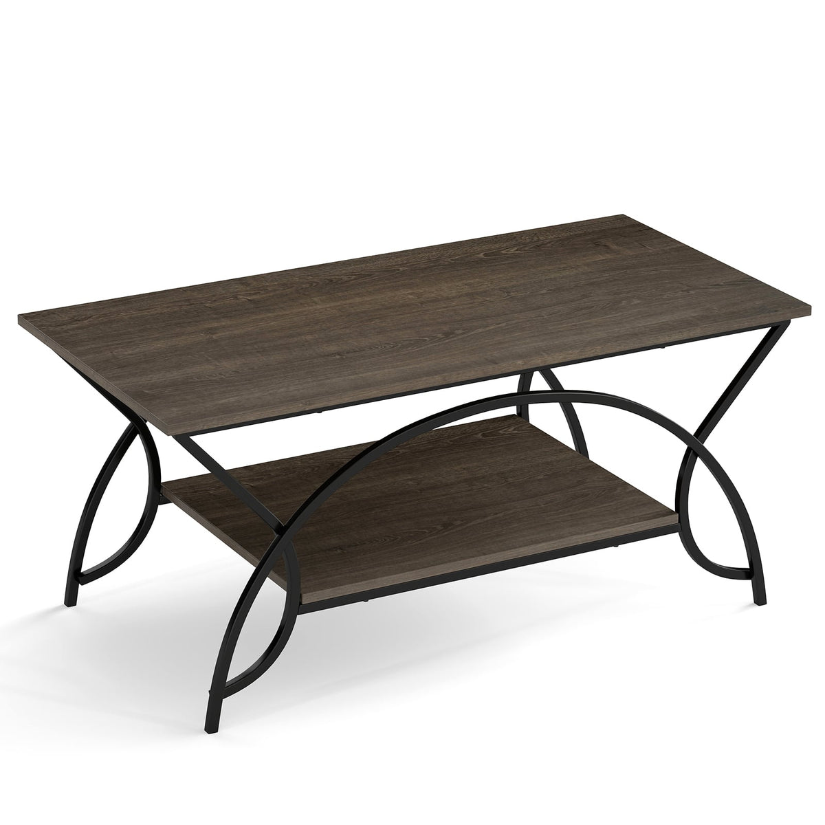 2-Tier Faux Marble Coffee Table with Marble Top and Metal Frame-Oak-Coffee Tables-DECOROLALA