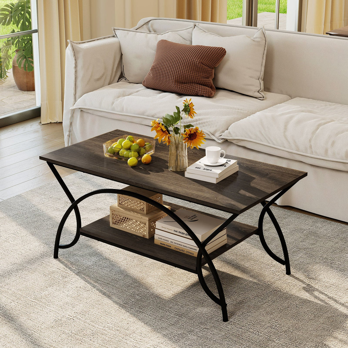 2-Tier Faux Marble Coffee Table with Marble Top and Metal Frame-Oak-Coffee Tables-DECOROLALA