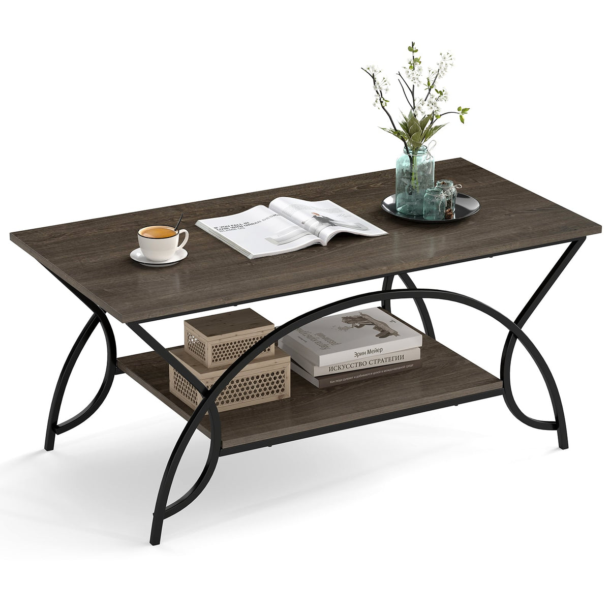 2-Tier Faux Marble Coffee Table with Marble Top and Metal Frame-Oak-Coffee Tables-DECOROLALA